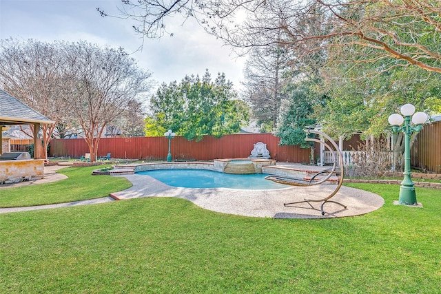 7405 Sugarbush Dr, Garland, TX 75044 - view of swimming pool with a fenced backyard, a gazebo, a pool with connected hot tub, exterior kitchen, and a patio
