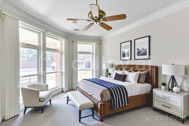 7405 Sugarbush Dr, Garland, TX 75044 - carpeted bedroom with ornamental molding, cooling unit, and a ceiling fan