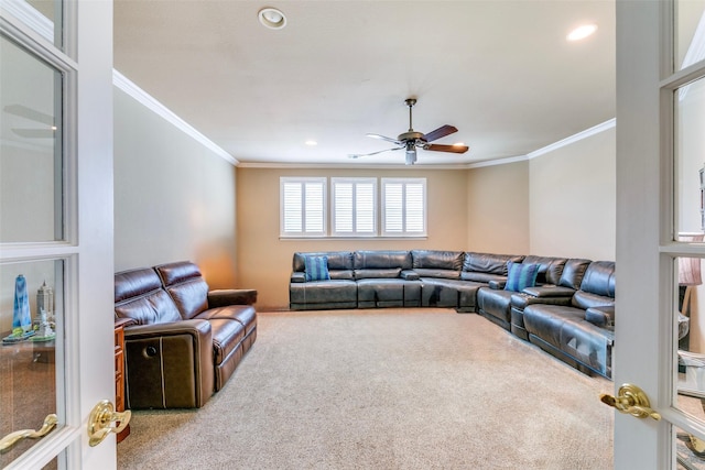 7405 Sugarbush Dr, Garland, TX 75044 - living area featuring carpet floors, crown molding, ceiling fan, and recessed lighting