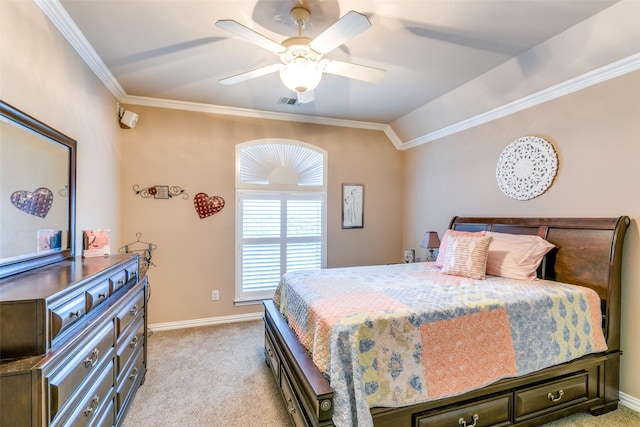 bedroom featuring crown molding, ceiling fan, baseboards, and light colored carpet