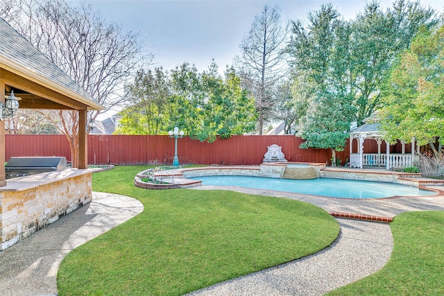 7405 Sugarbush Dr, Garland, TX 75044 - view of pool featuring a gazebo, a fenced backyard, an outdoor kitchen, and a pool with connected hot tub
