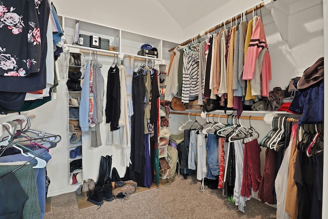 spacious closet with vaulted ceiling and carpet flooring