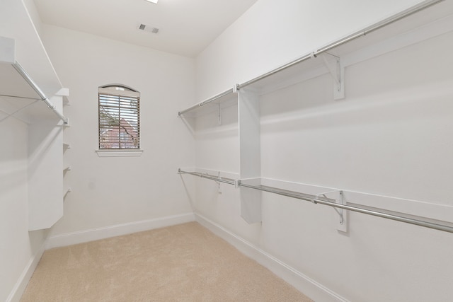 walk in closet featuring light carpet