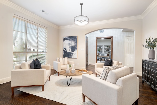 living room featuring crown molding and dark hardwood / wood-style floors