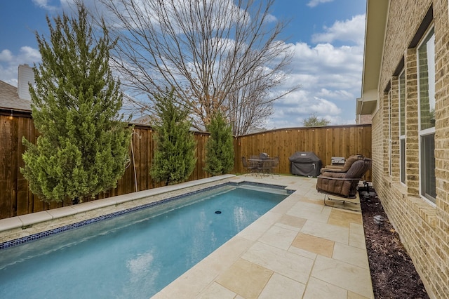 view of swimming pool with a grill and a patio