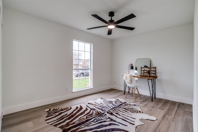 office space featuring ceiling fan and light wood-type flooring