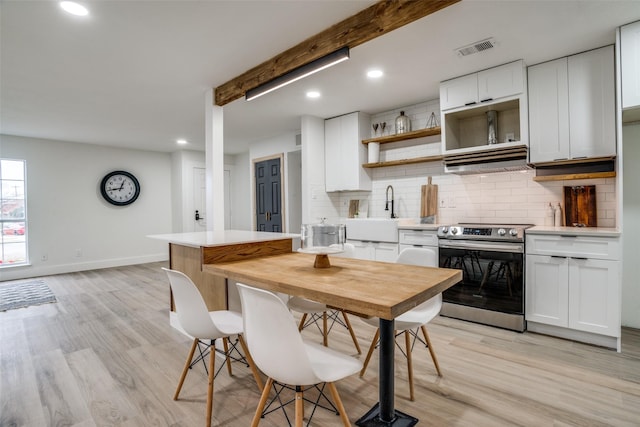 kitchen with stainless steel electric range oven, white cabinetry, sink, backsplash, and light wood-type flooring