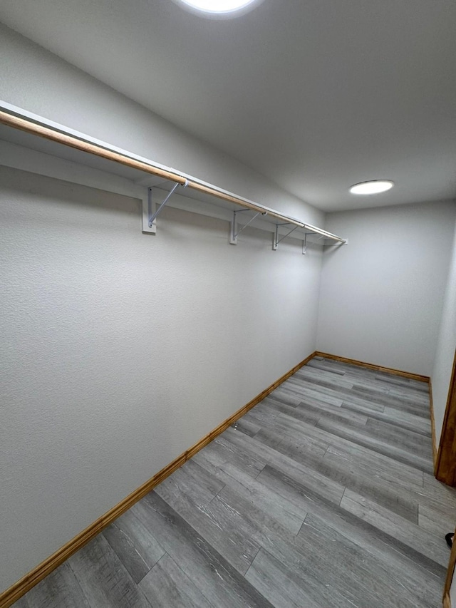 walk in closet with light hardwood / wood-style flooring