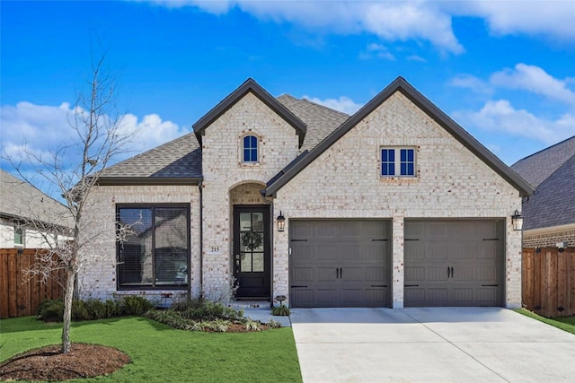 french country home with a shingled roof, brick siding, fence, driveway, and a front lawn