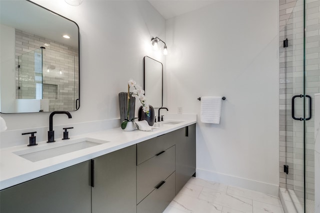 417 Wayne St, Dallas, TX 75223 - bathroom featuring marble finish floor, baseboards, a sink, and a stall shower
