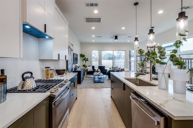 417 Wayne St, Dallas, TX 75223 - kitchen featuring appliances with stainless steel finishes, visible vents, light wood-style floors, modern cabinets, and a ceiling fan