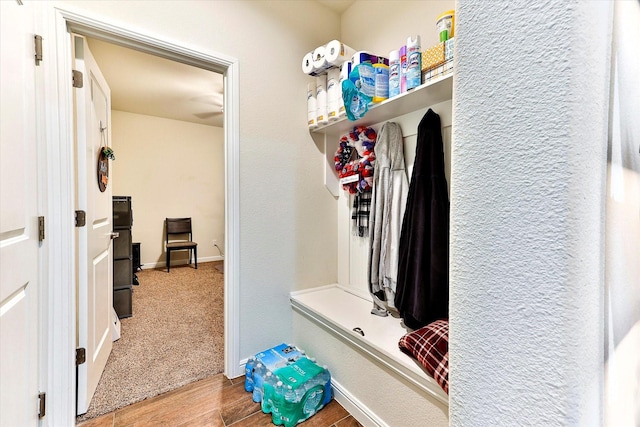 mudroom with carpet flooring