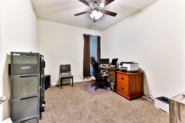 carpeted home office with ceiling fan