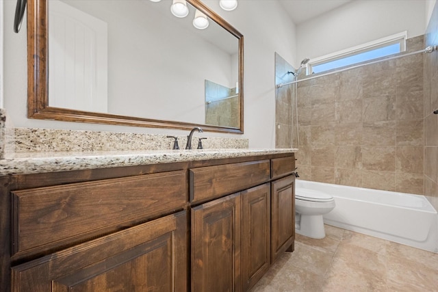 full bathroom with vanity, tiled shower / bath, and toilet