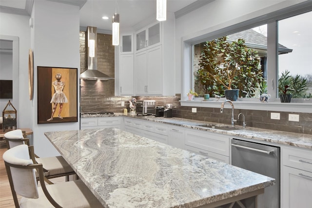 477 Lakepoint Loop, Pottsboro, TX 75076 - kitchen featuring a sink, appliances with stainless steel finishes, tasteful backsplash, and wall chimney range hood