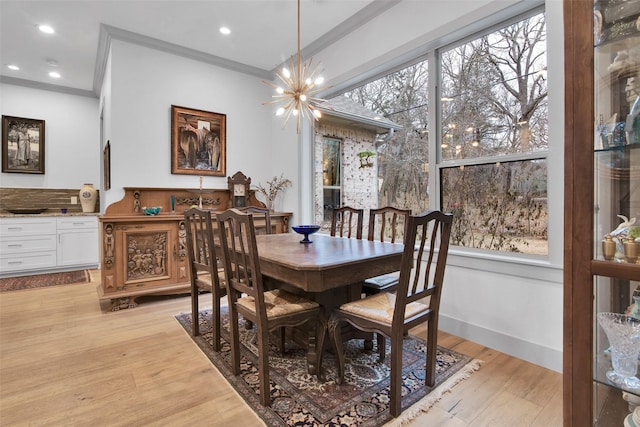 477 Lakepoint Loop, Pottsboro, TX 75076 - dining area featuring recessed lighting, a chandelier, ornamental molding, and light wood-style floors