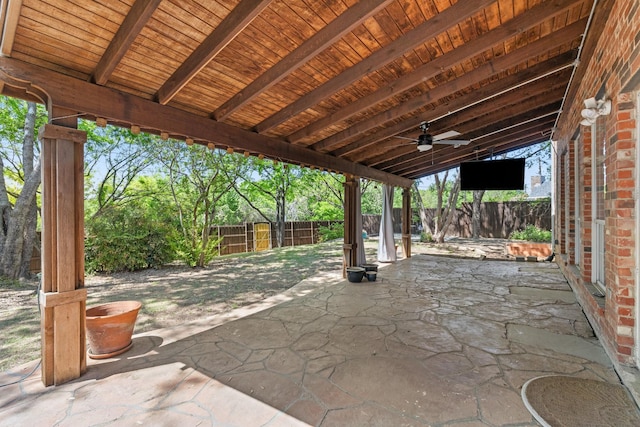 view of patio with a ceiling fan and a fenced backyard