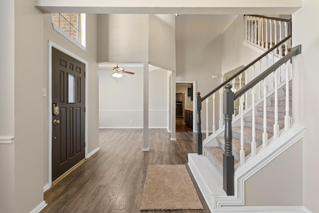 foyer entrance with dark wood-style flooring, a high ceiling, and baseboards