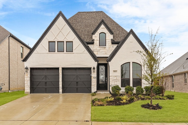 view of front facade featuring roof with shingles, a front lawn, concrete driveway, stone siding, and brick siding