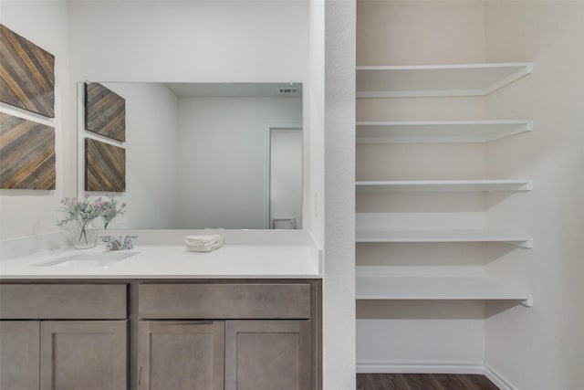 bathroom with vanity and hardwood / wood-style floors