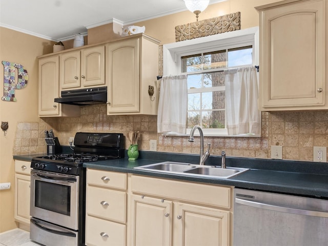 kitchen featuring tasteful backsplash, ornamental molding, appliances with stainless steel finishes, and sink