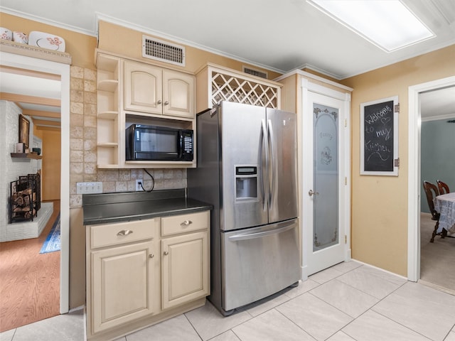 kitchen featuring tasteful backsplash, crown molding, light tile patterned flooring, and stainless steel fridge with ice dispenser