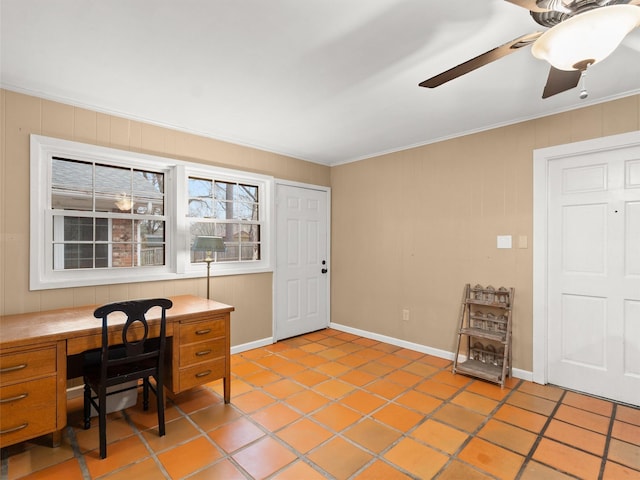 tiled home office featuring ornamental molding and ceiling fan