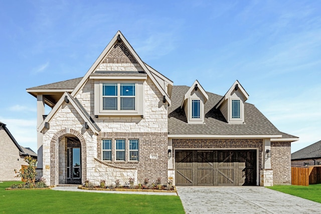 view of front of property with a garage, brick siding, roof with shingles, and a front lawn