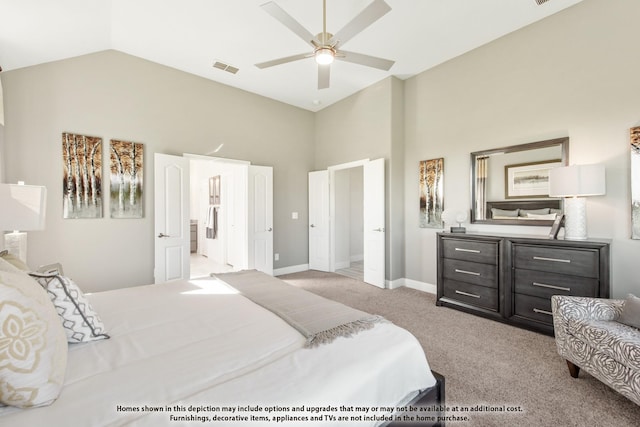 bedroom featuring high vaulted ceiling, light colored carpet, and ceiling fan