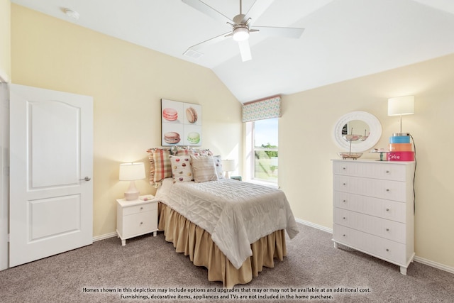 bedroom featuring ceiling fan, lofted ceiling, and light carpet