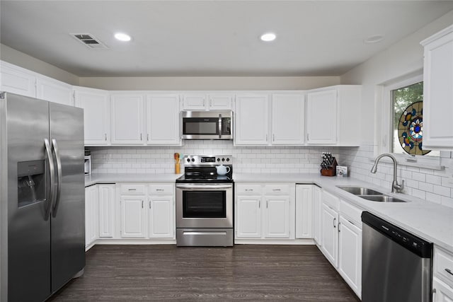 kitchen featuring white cabinetry, sink, dark wood-type flooring, and appliances with stainless steel finishes