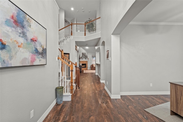 hall featuring ornamental molding, dark hardwood / wood-style floors, and a towering ceiling