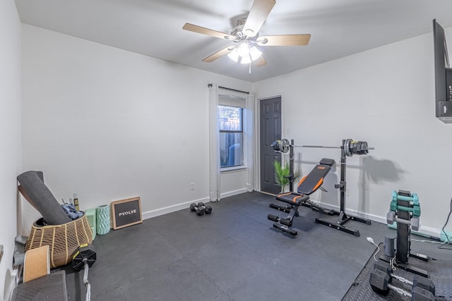 exercise area with ceiling fan and baseboards