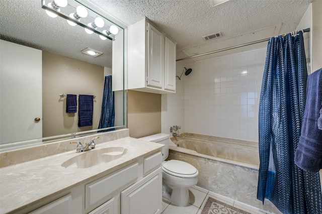 full bathroom featuring a textured ceiling, vanity, shower / tub combo, and tile patterned floors