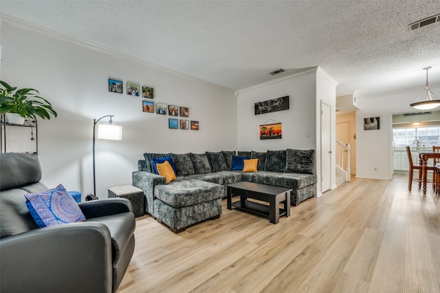 living room featuring light hardwood / wood-style floors, crown molding, and a textured ceiling