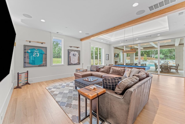 living room with pool table, a raised ceiling, and light hardwood / wood-style floors