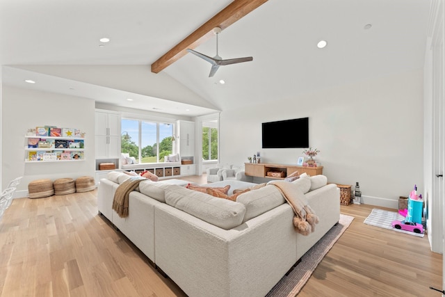 living room with beam ceiling, ceiling fan, high vaulted ceiling, and light hardwood / wood-style floors