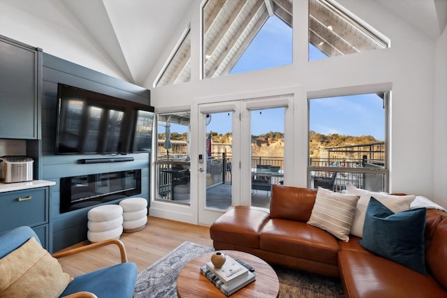 living room with high vaulted ceiling and light hardwood / wood-style floors