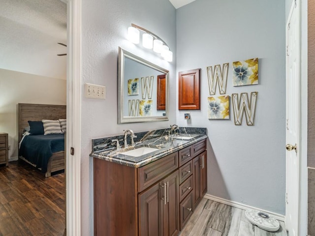 bathroom with vanity and hardwood / wood-style floors