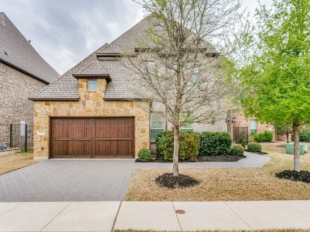 french country style house featuring an attached garage, decorative driveway, and roof with shingles