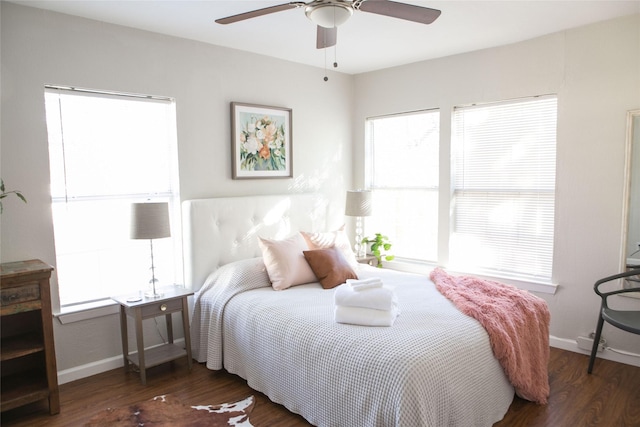 bedroom featuring dark hardwood / wood-style floors and ceiling fan