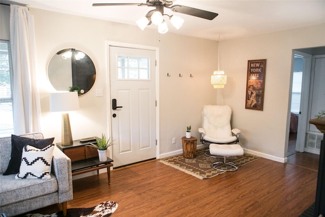 foyer entrance featuring a healthy amount of sunlight, hardwood / wood-style floors, and ceiling fan