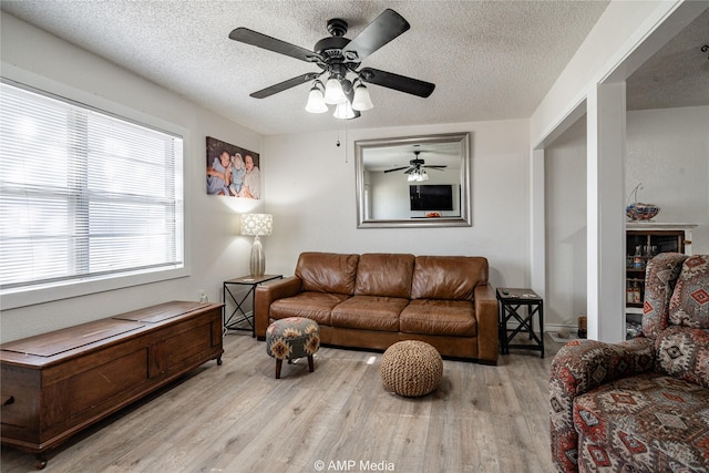 living room with a textured ceiling and light wood-type flooring