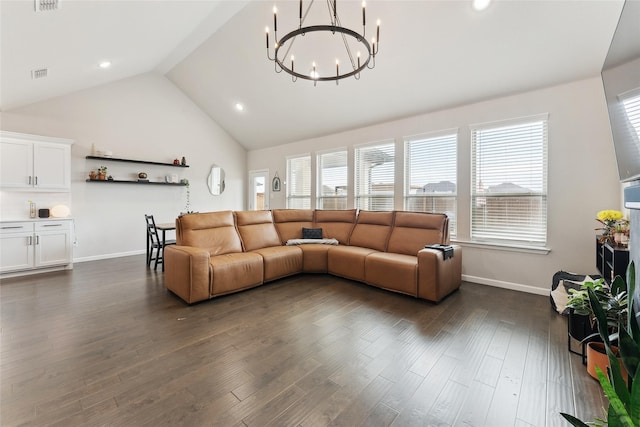 living area featuring lofted ceiling, dark wood-style flooring, visible vents, and baseboards