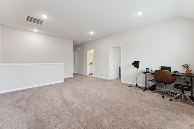 home office featuring lofted ceiling, recessed lighting, light colored carpet, visible vents, and baseboards