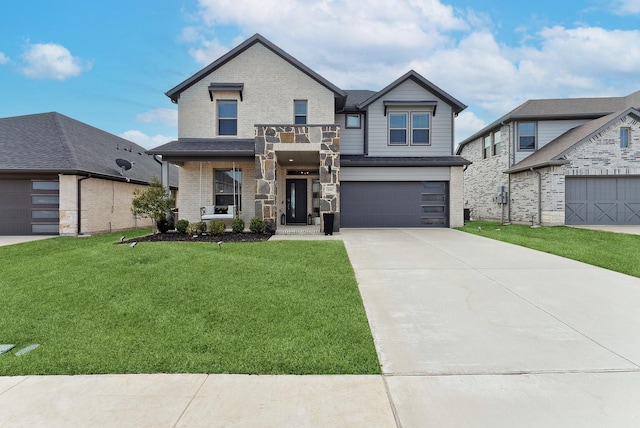 view of front of home with driveway, an attached garage, a front lawn, stone siding, and brick siding