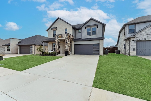 view of front of property with central AC, a front yard, and a residential view