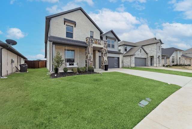 view of front facade with brick siding, concrete driveway, a front yard, a garage, and a residential view