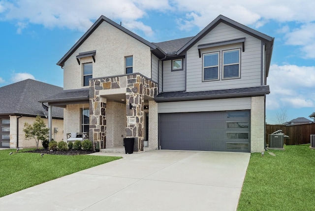 view of front of home with brick siding, a front lawn, central AC unit, and fence