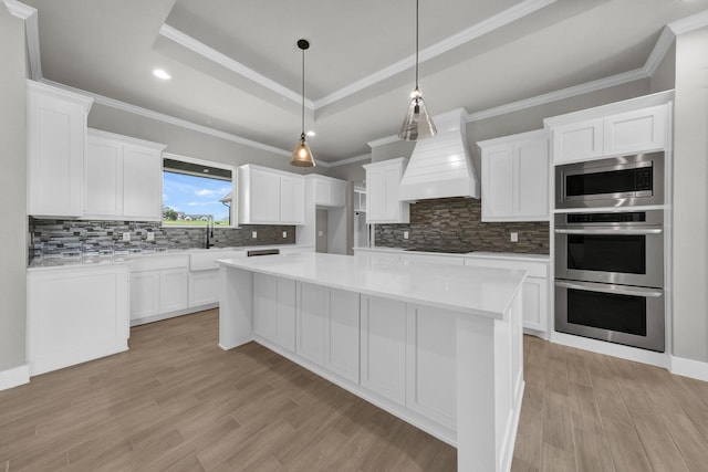 422 Collum Vw, Azle, TX 76020 - kitchen featuring stainless steel appliances, a raised ceiling, premium range hood, decorative backsplash, and white cabinets